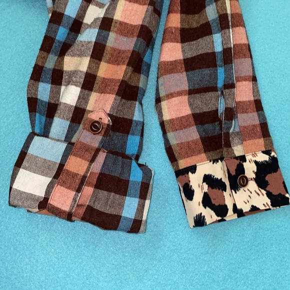 ASVIVID Plaid Tunic button up roll tab long sleeves leopard print accents size L - Picture 4 of 11